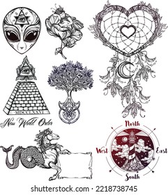 Alien, heart, pyramid, horse, tree,  nature and Compass set of Tattoo elements for design