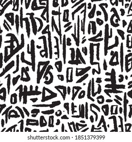 Alien hieroglyph seamless pattern. Black and white doodle style vector illustration pattern for surface, t shirt design, print, poster, icon, web, graphic designs. 