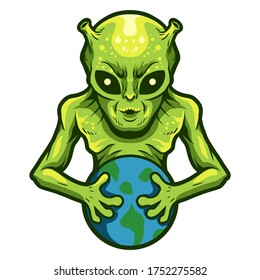 alien hold an earth vector illustration design