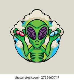 Alienígena que sostiene 2 píldoras azul y diseño de lectura para el estilo de la ropa de calle