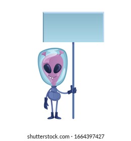 Alien holding blank banner flat cartoon vector illustration. Extraterrestrial, smiling martian. Ready to use 2d character template for commercial, animation, printing design. Isolated comic hero