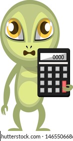 Alien holding calculator, illustration, vector on white background.