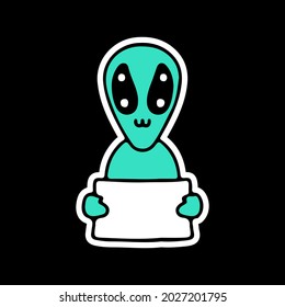 alien con una pancarta vacía. ilustración para camisetas, afiches, logotipos, pegatinas o prendas de vestir.