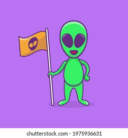 Alien Holding Flag. Cute Alien mascoot Character Cartoon. Alien Illustration. Flat Design Cartoon Style