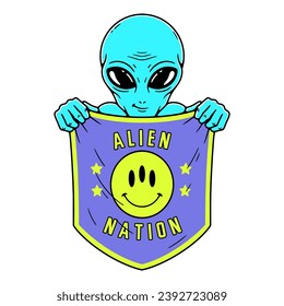ALIEN HOLDING A FLAG OF AN ALIEN NATION COLOR WHITE BACKGROUND