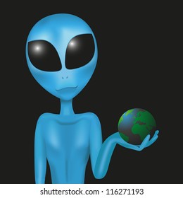 Alien is holding the globe in his hands, isolated on a black background