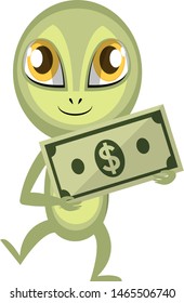 Alien sosteniendo dinero, ilustración, vector sobre fondo blanco.