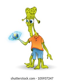 Alien holding a planet in hands