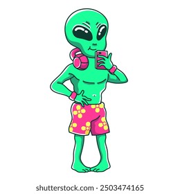 Alien holding smartphone standing relaxed and cute cartoon illustration. UFO character, outer space, other galaxies. Good for sticker design, t-shirts, hoodies and others