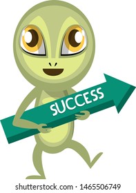 Alien holding success arrow, illustration, vector on white background.