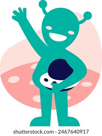 Alien holding a UFO while waving hand. Flat vector illustration