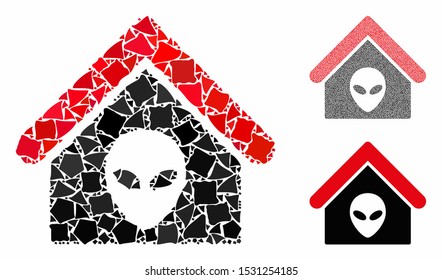 Alien home composition of rough items in variable sizes and color hues, based on alien home icon. Vector inequal items are united into composition. Alien home icons collage with dotted pattern.