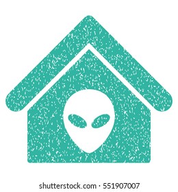 Alien Home grainy textured icon for overlay watermark stamps. Flat symbol with dust texture. Dotted vector cyan ink rubber seal stamp with grunge design on a white background.