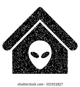 Alien Home grainy textured icon for overlay watermark stamps. Flat symbol with scratched texture. Dotted vector black ink rubber seal stamp with grunge design on a white background.