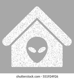 Alien Home grainy textured icon for overlay watermark stamps. Flat symbol with scratched texture. Dotted vector white ink rubber seal stamp with grunge design on a silver background.