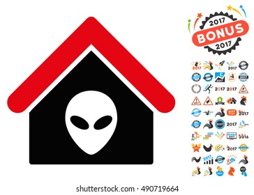 Alien Home icon with 2017 year bonus vector pictograms. Set style is flat symbols, white background.