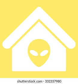 Alien Home vector icon. Style is flat white symbol, rounded angles, yellow background.