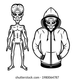 Alien in hoodie and full body alien set of vector objects or design elements in vintage style isolated on white background