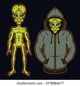 Alien in hoodie and full length body alien set of vector objects or design elements in cartoon colored style on dark background