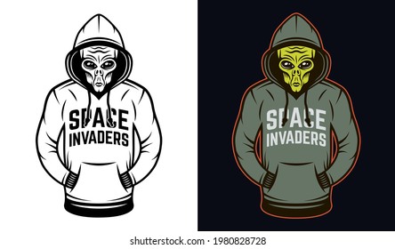 Alien in hoodie two styles black on white and colorful on dark background vector illustration