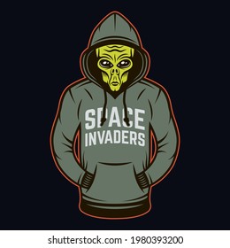 Alien in hoodie vector object or design element in cartoon colored style on dark background