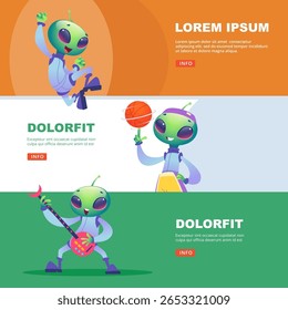 Banners horizontais alienígenas com caracteres de espaço estranho UFO