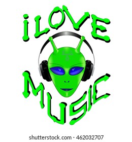 alien with horns listening to music on headphones. lettering own font. isolated on white background