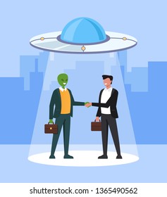 Alien and human business man character shaking hand and making deal. Intergalactic planets space friendship and partnership concept. Vector flat cartoon graphic design illustration