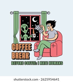 alien and human coffee retro cute illustration