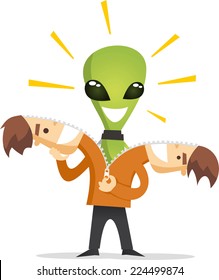 Alien in human costume cartoon illustration