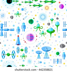 Alien and human space technologies and astronomical objects vector seamless pattern. Sky blue, yellow, grey, blue, white background.