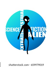 Alien humanoid and against wording on blue gradient circle. Vector illustration, image of extraterrestrial intelligence. Suitable for t-shirt print or web article