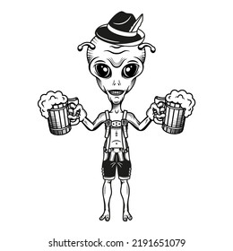 Alien Humanoid With Beer in Lederhosen. Vector Illustration.