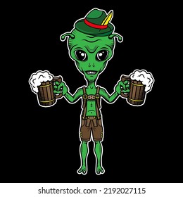 Alien Humanoid With Beer in Lederhosen. Vector Illustration.