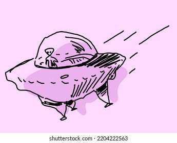 Alien humanoid creature in flying saucer illustration which is childish, doodle, sketch style drawing