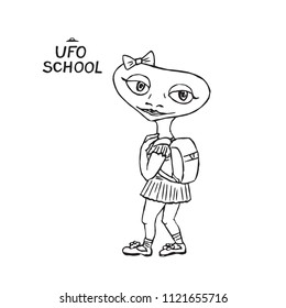 Alien humanoid girl going to school with bag on shoulders, hand drawn doodle, sketch, vector outline illustration