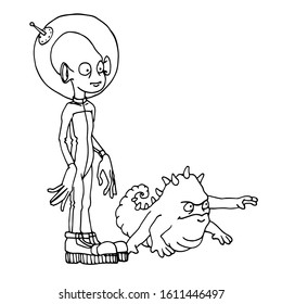 alien humanoid in space suit & helmet with his  funny pet monster reptile with spikes, vector illustration with black contour lines isolated on white background in Doodle and hand drawn style