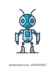 Alien humanoide virtual bot, retro droid, juego futurista robot línea de color icono. Android, chatbot o robot de inteligencia artificial, robot vintage con antenas línea pictograma de Vector,