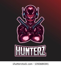 Alien Hunter e-sport logo design template with gun. Red and Black colours combination