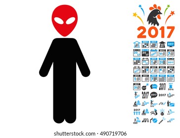 Alien icon with 2017 year bonus vector pictographs. Collection style is flat symbols, white background.