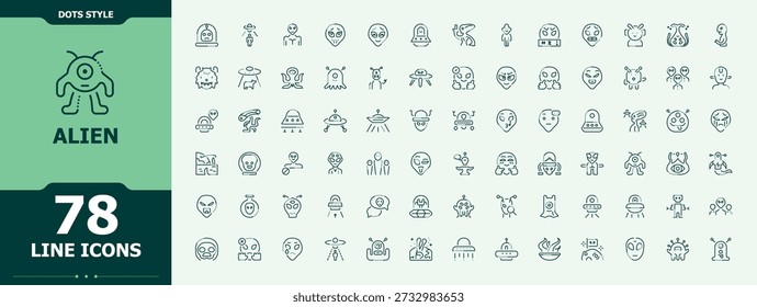 Alien icon collection. Line symbol and sign. Contains such symbols as flying, planet, space, flying saucer, astronaut. Signs for web and mobile app. Creature line icon set.