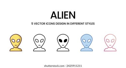 Alien Icon Design in Five style with Editable Stroke. Line, Solid, Flat Line, Duo Tone Color, and Color Gradient Line. Suitable for Web Page, Mobile App, UI, UX and GUI design.