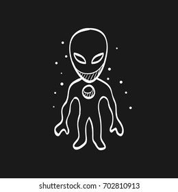 Alien icon in doodle sketch lines. Extraterrestrial, outer space, invader, humanoid 