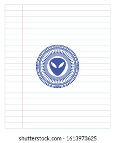 alien icon emblem drawn with pen. Blue ink. Vector Illustration. Detailed.