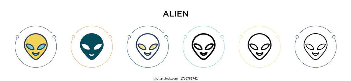 Alien icon in filled, thin line, outline and stroke style. Vector illustration of two colored and black alien vector icons designs can be used for mobile, ui, web