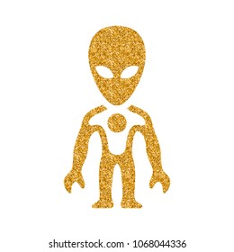 Alien icon in gold glitter texture. Sparkle luxury style vector illustration.
