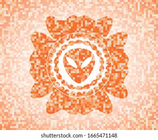 alien icon inside abstract emblem, orange mosaic background