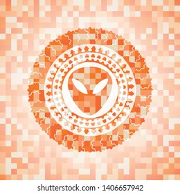 alien icon inside abstract orange mosaic emblem with background
