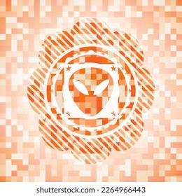 alien icon inside abstract orange mosaic emblem. 