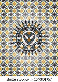 alien icon inside arabic badge background. Arabesque decoration.